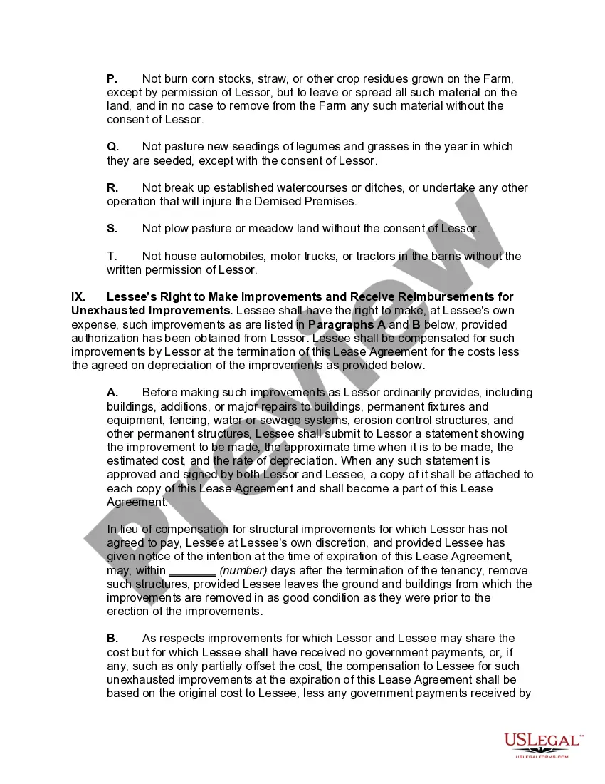 Preview Cash Farm Lease with Lessee having the Right to Make Improvements and Receive Reimbursements for Unexhausted Improvements