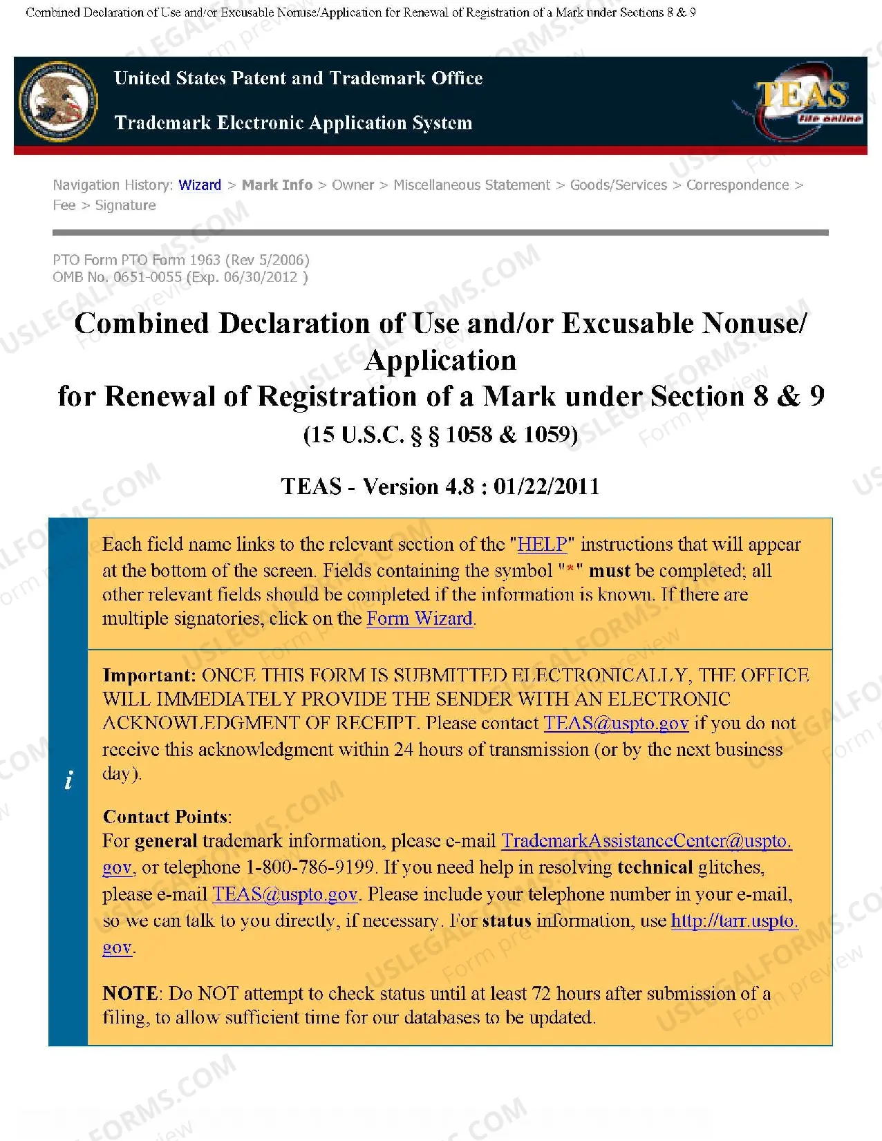 Preview Combined Declaration of Use or Excusable Nonuse and Application for Renewal of Registration of Mark