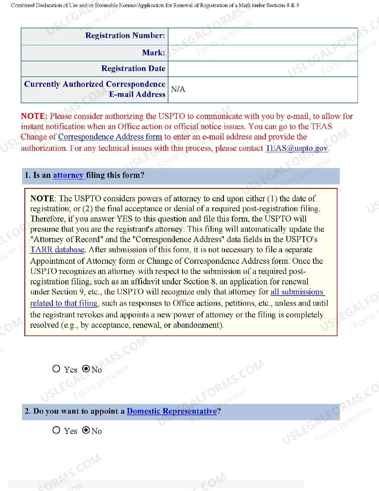 Preview Combined Declaration of Use or Excusable Nonuse and Application for Renewal of Registration of Mark