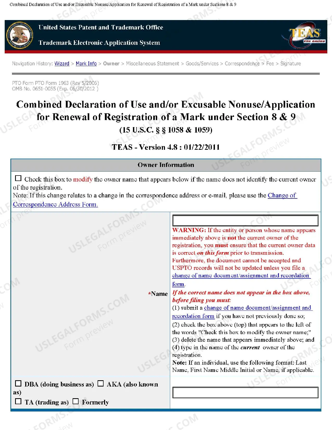 Preview Combined Declaration of Use or Excusable Nonuse and Application for Renewal of Registration of Mark