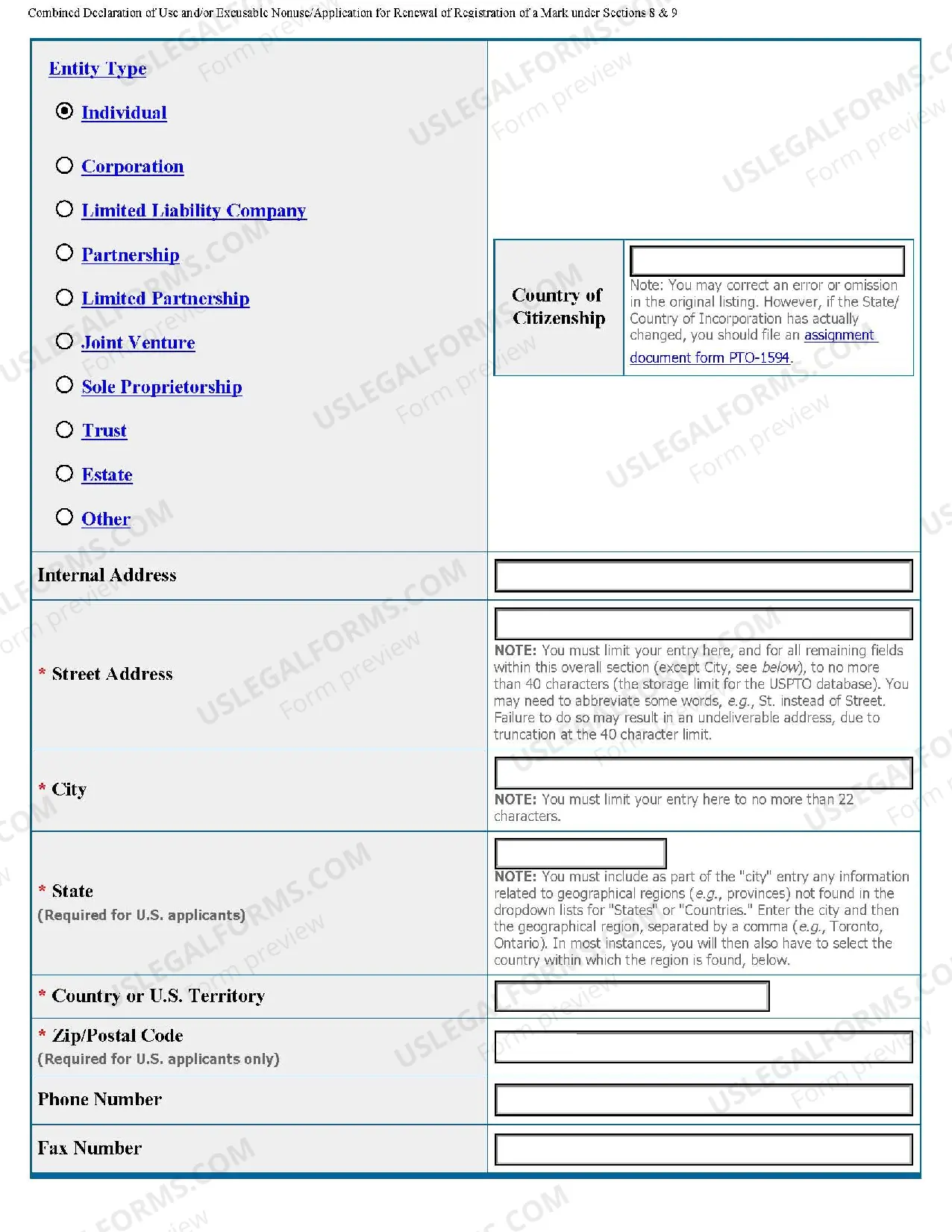 Preview Combined Declaration of Use or Excusable Nonuse and Application for Renewal of Registration of Mark