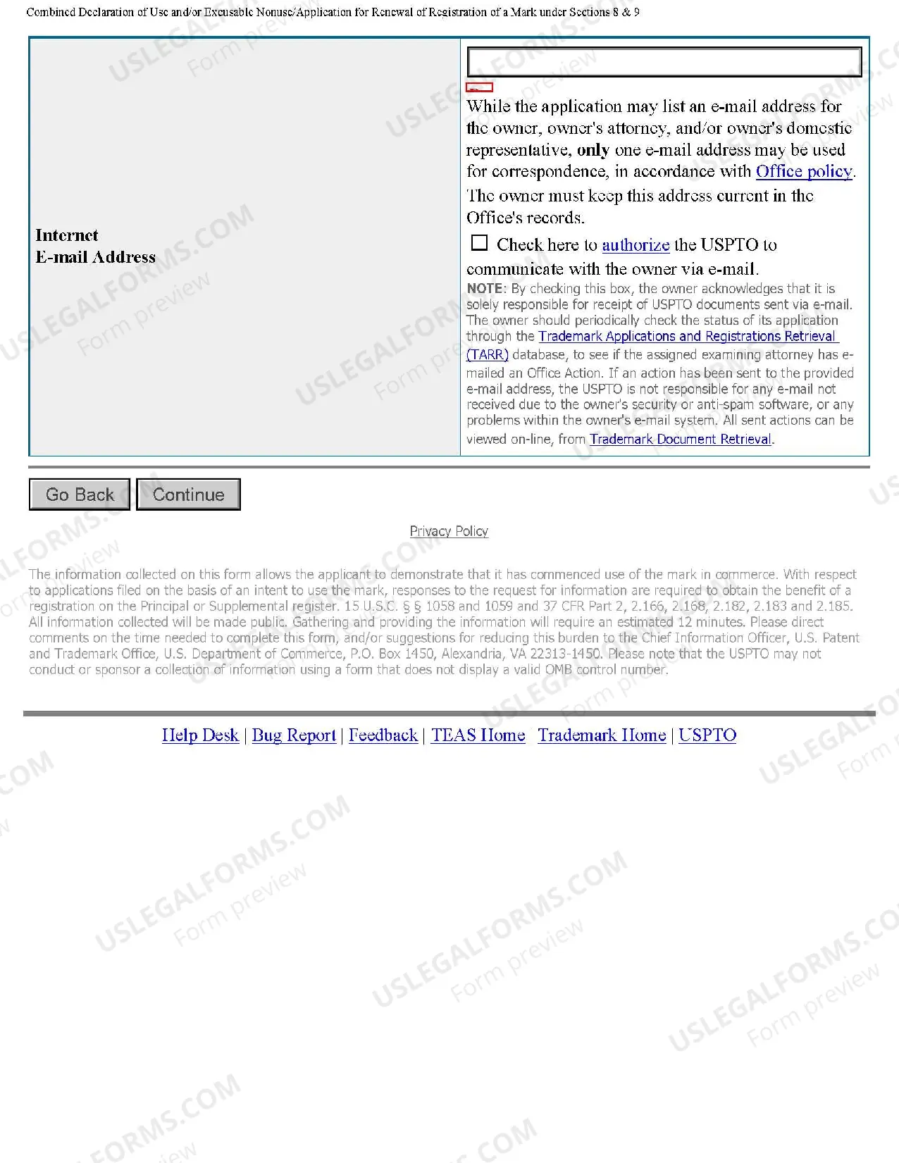 Preview Combined Declaration of Use or Excusable Nonuse and Application for Renewal of Registration of Mark