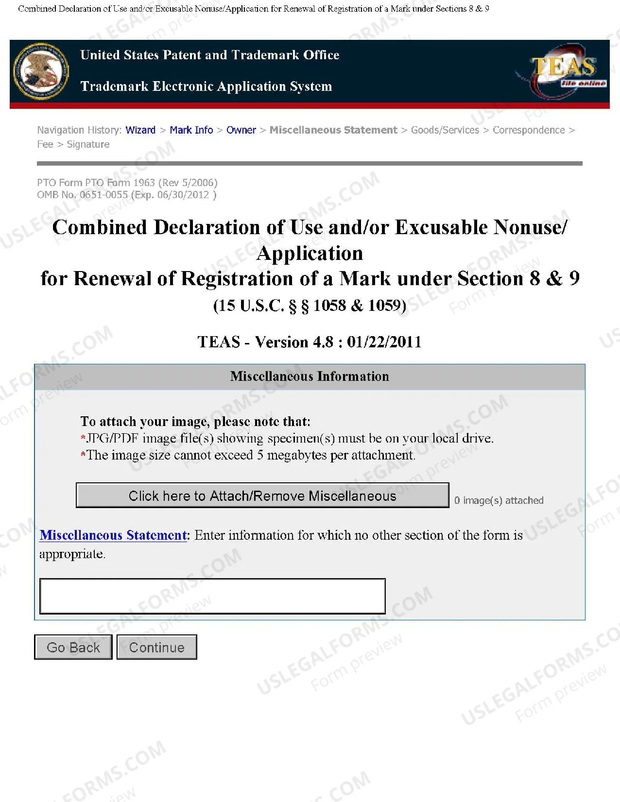 Preview Combined Declaration of Use or Excusable Nonuse and Application for Renewal of Registration of Mark