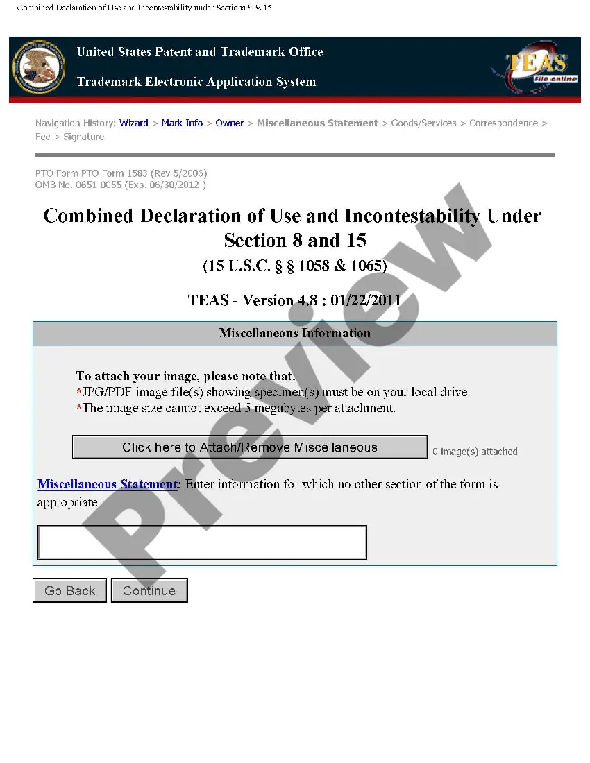 Get Combined Declaration of Use and Incontestability of Trademark Preview Combined Declaration of Use and Incontestability of Trademark