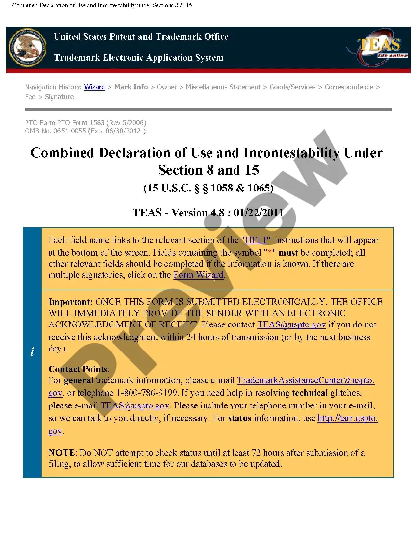 Get Combined Declaration of Use and Incontestability of Trademark Preview Combined Declaration of Use and Incontestability of Trademark