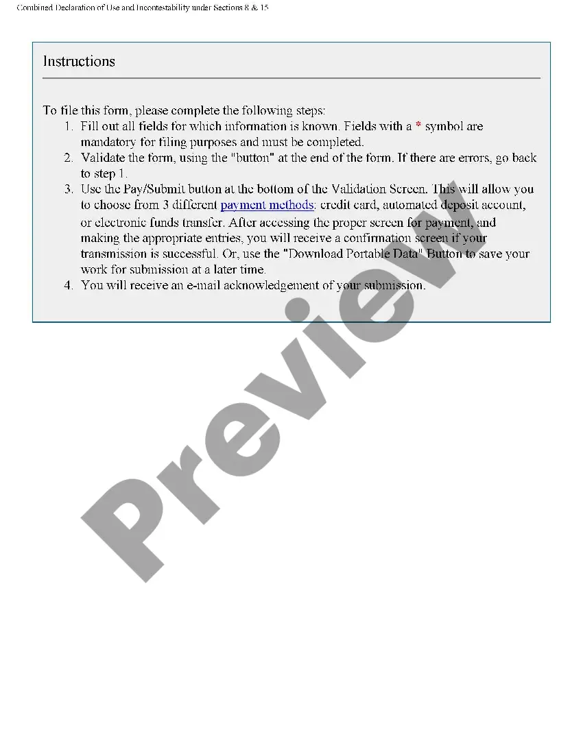 Get Combined Declaration of Use and Incontestability of Trademark Preview Combined Declaration of Use and Incontestability of Trademark