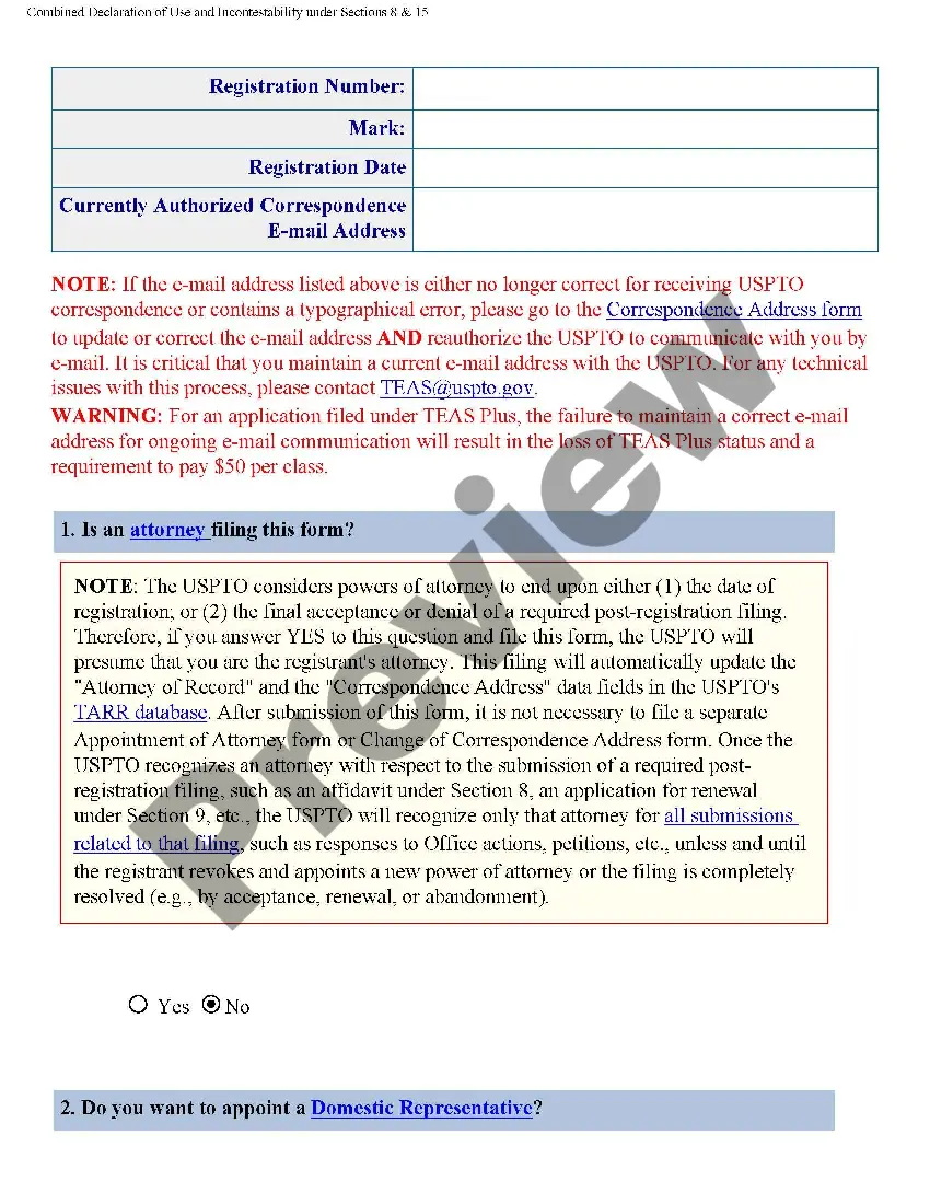 Get Combined Declaration of Use and Incontestability of Trademark Preview Combined Declaration of Use and Incontestability of Trademark