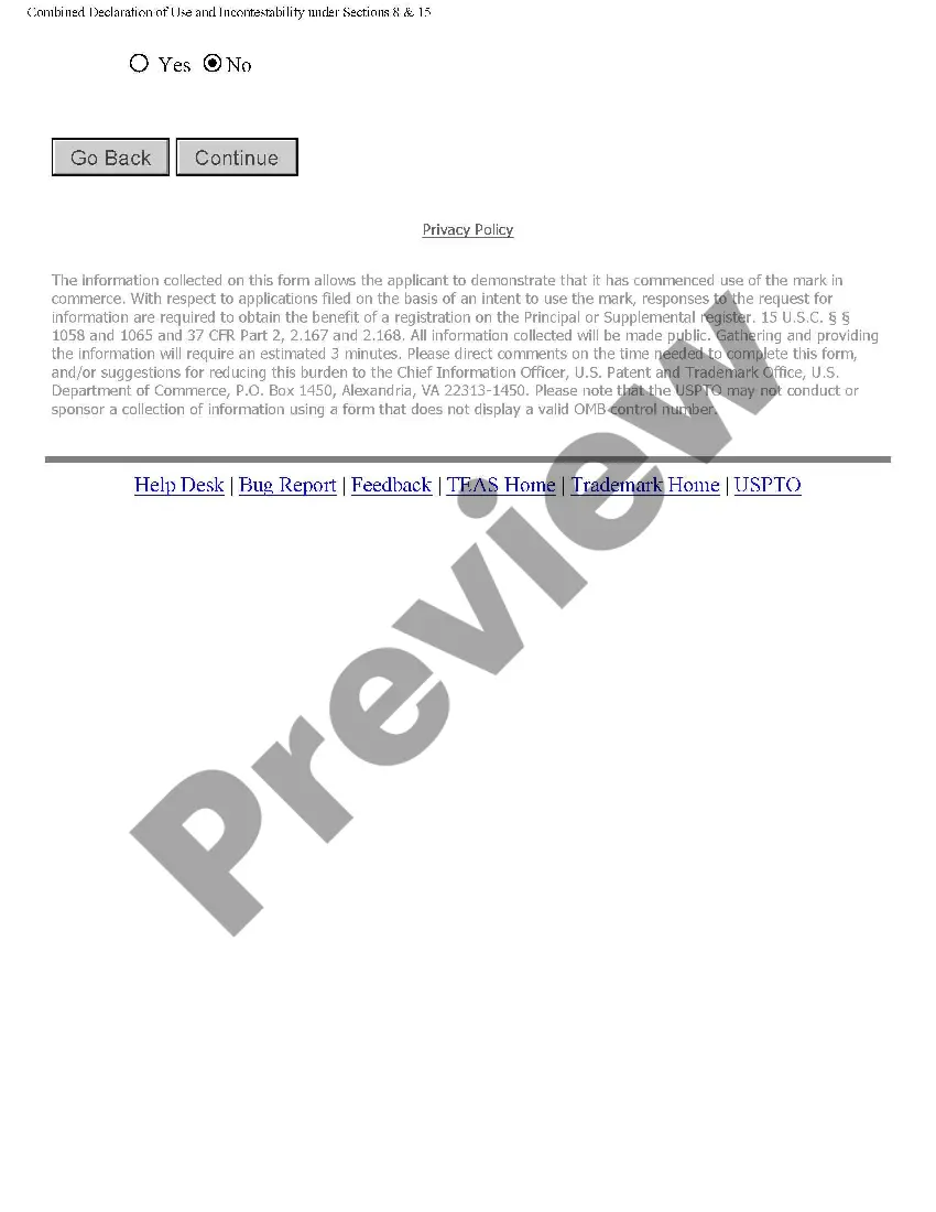 Get Combined Declaration of Use and Incontestability of Trademark Preview Combined Declaration of Use and Incontestability of Trademark