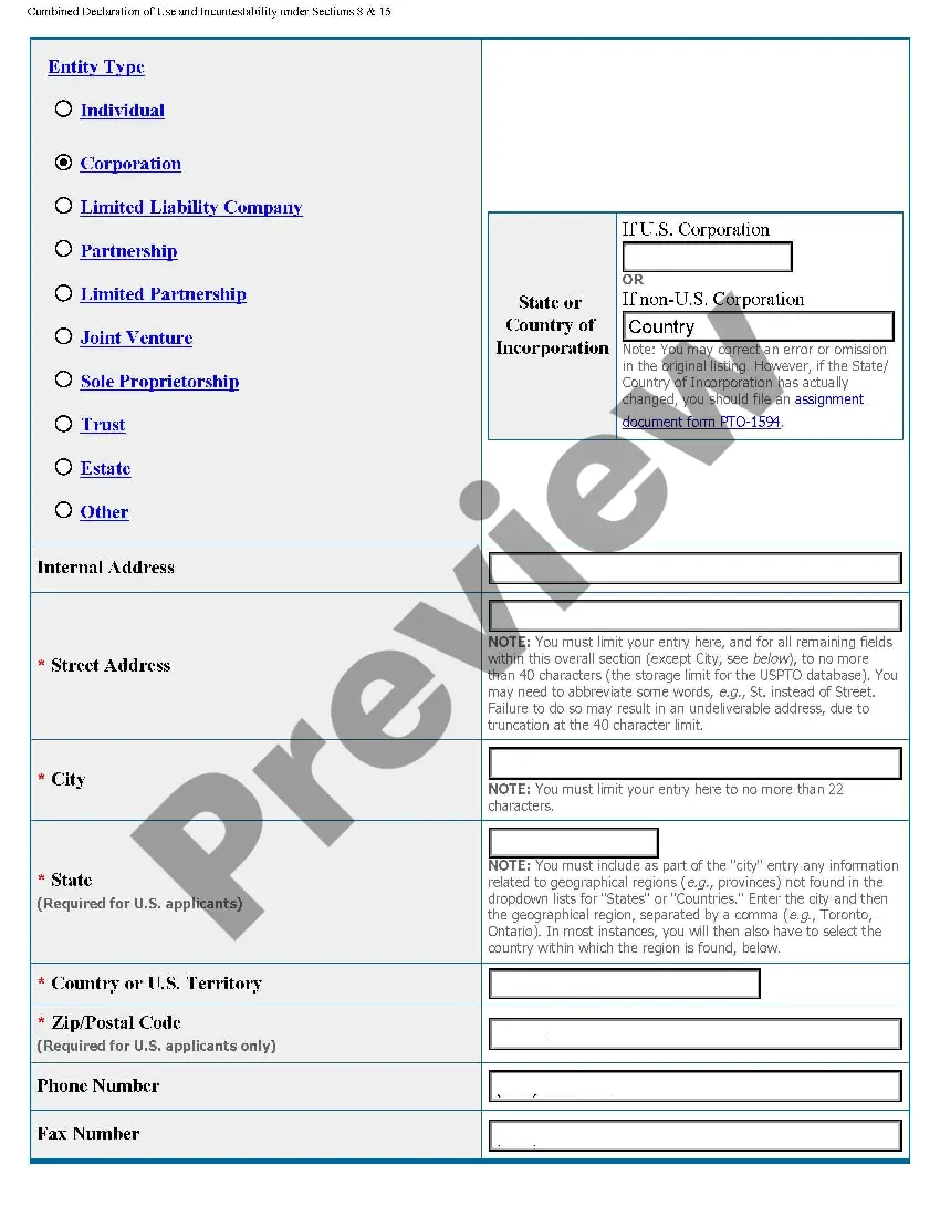 Get Combined Declaration of Use and Incontestability of Trademark Preview Combined Declaration of Use and Incontestability of Trademark