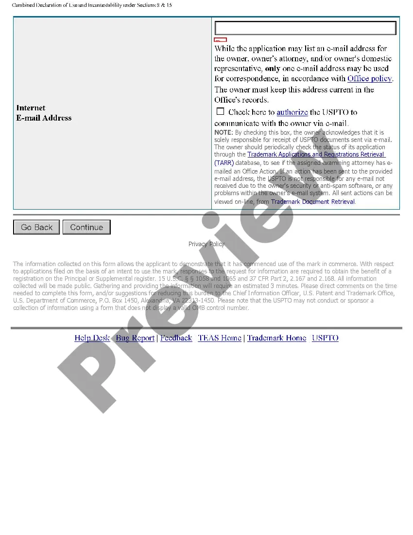 Get Combined Declaration of Use and Incontestability of Trademark Preview Combined Declaration of Use and Incontestability of Trademark