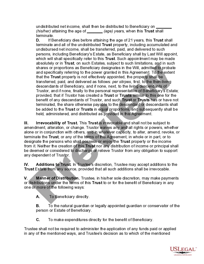 Preview Trust Agreement for Minor Qualifying for Annual Gift-Tax Exclusion; Beneficiary has Option to Continue Trust Past Age 21; Income Must be Paid to Beneficiary After Age 21