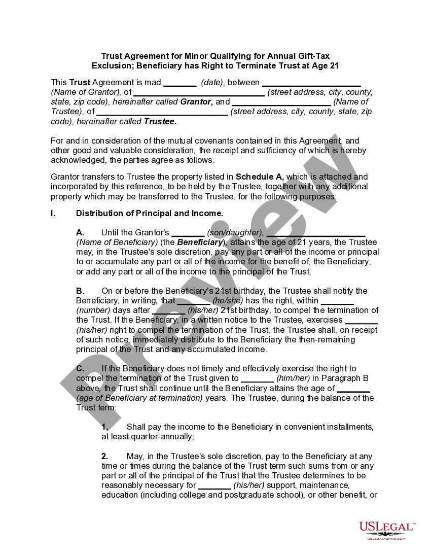 Trust Agreement for Minor Qualifying for Annual GiftTax Exclusion