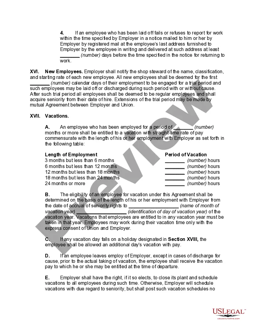 Preview Collective Bargaining Agreement between Owner of Manufacturing Plant and Employee Union
