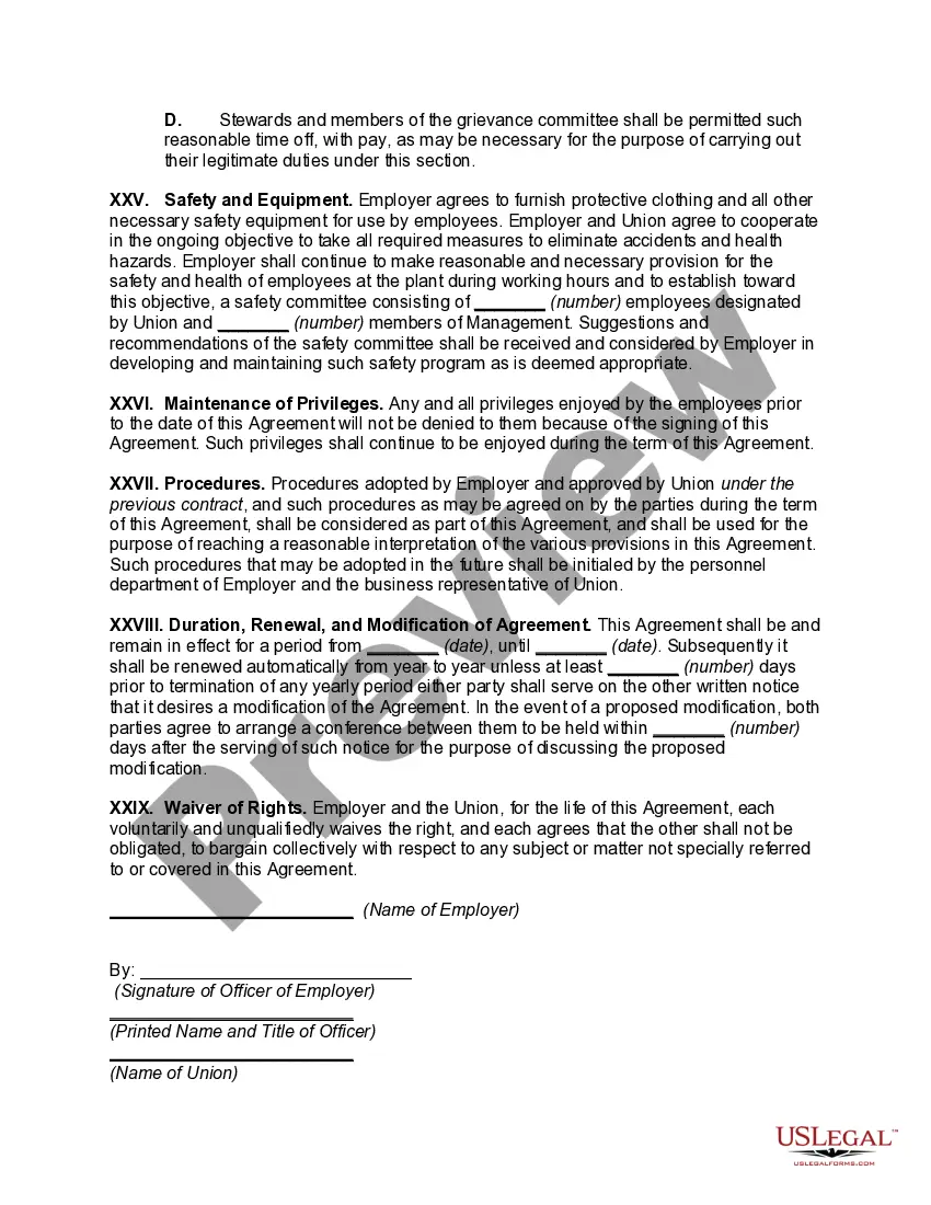 Preview Collective Bargaining Agreement between Owner of Manufacturing Plant and Employee Union