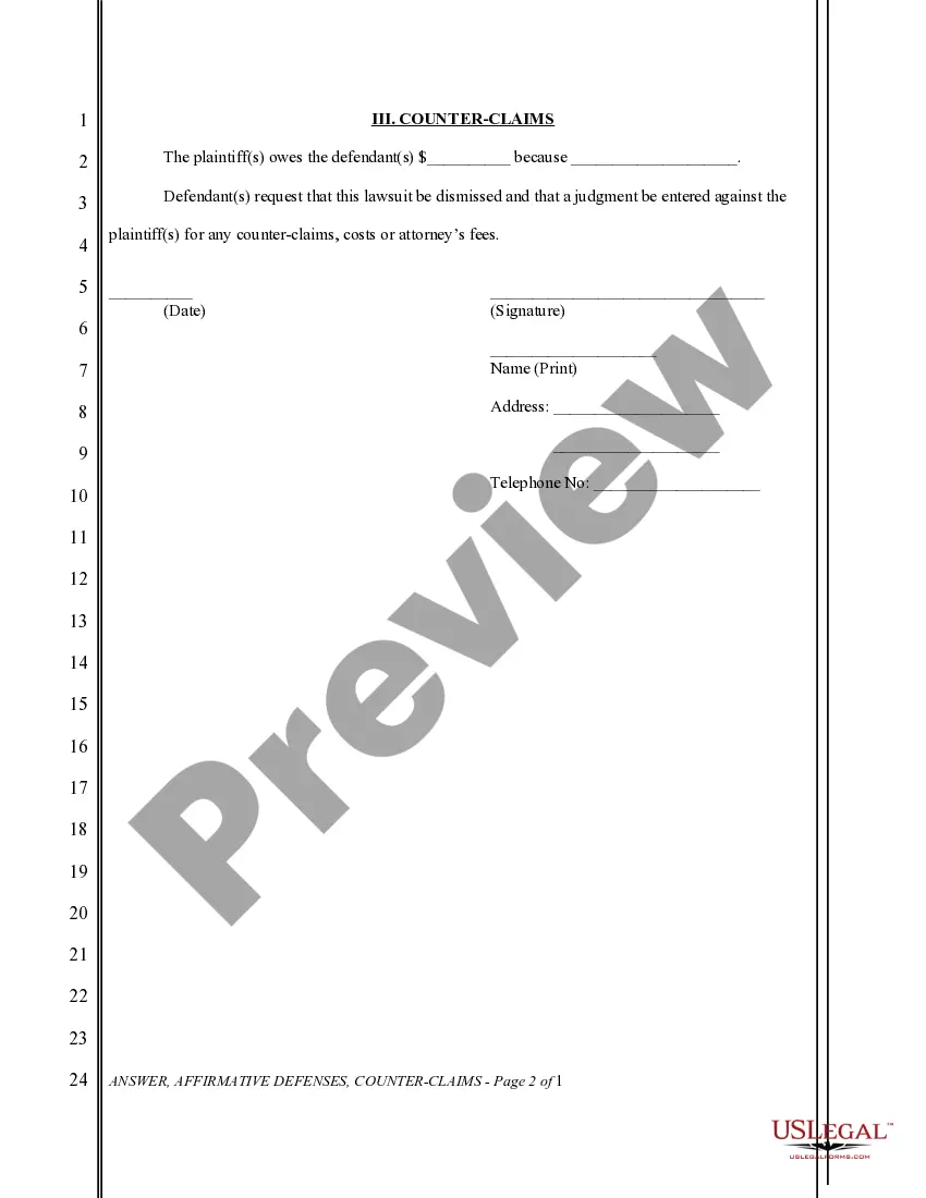 Get General Form of Civil Answer with Affirmative Defenses and Counterclaim Preview General Form of Civil Answer with Affirmative Defenses and Counterclaim