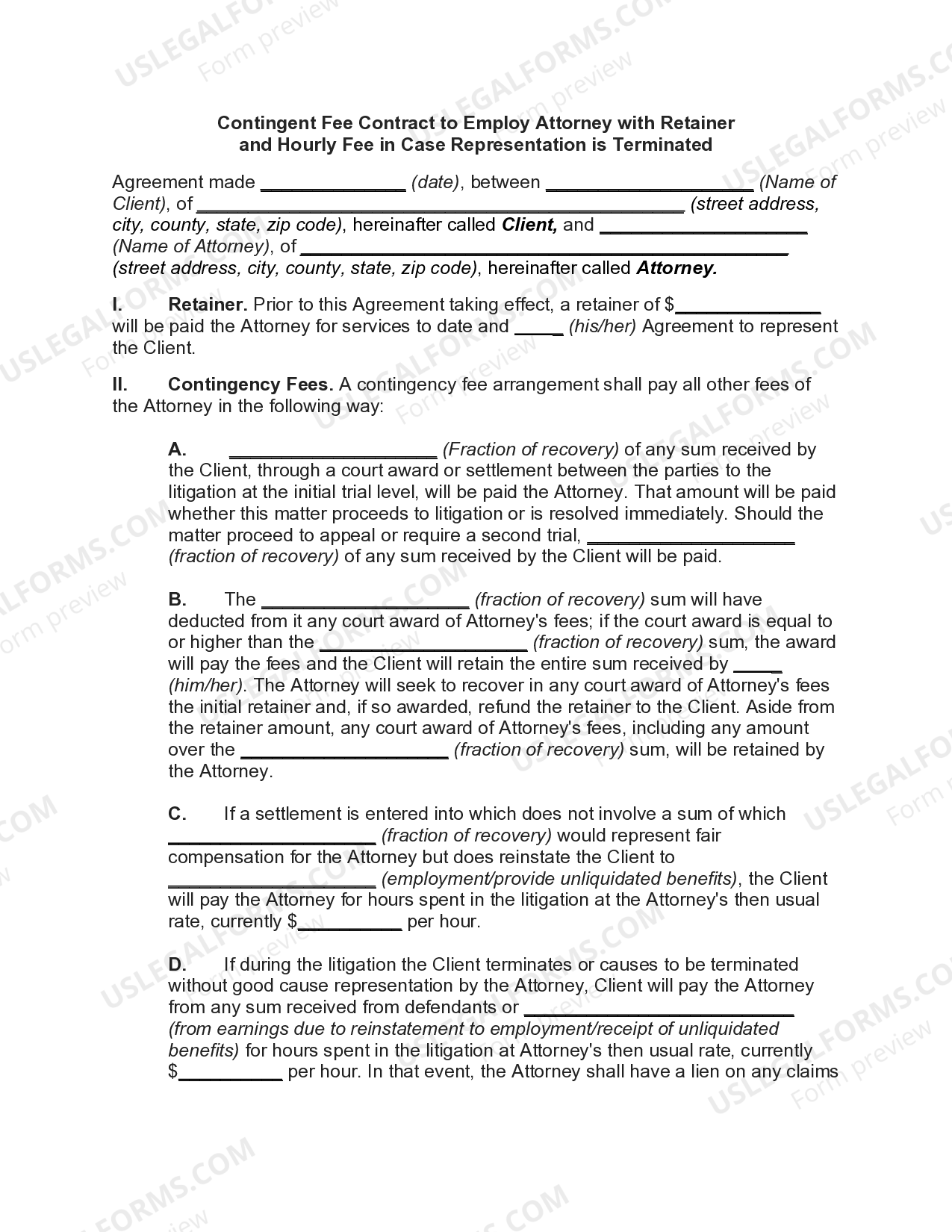 Contingent Fee Contract to Employ Attorney with Retainer and Hourly Fee in Case Representation