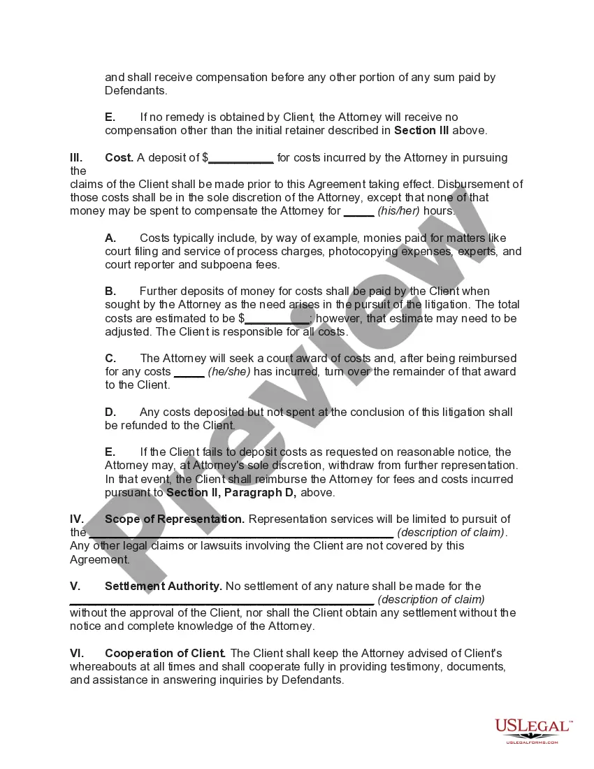 Preview Contingent Fee Contract to Employ Attorney with Retainer and Hourly Fee in Case Representation is Terminated