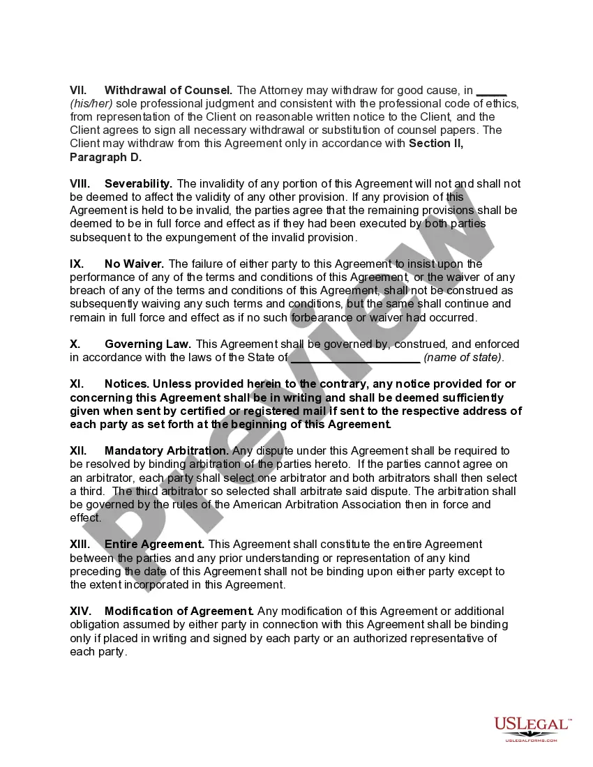 Preview Contingent Fee Contract to Employ Attorney with Retainer and Hourly Fee in Case Representation is Terminated