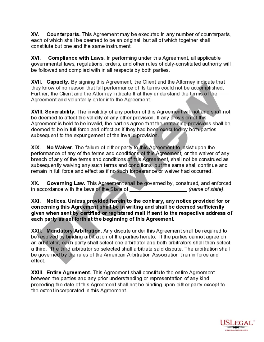 Preview Contingent Fee Contract to Employ Attorney with Retainer and Hourly Fee in Case Representation is Terminated