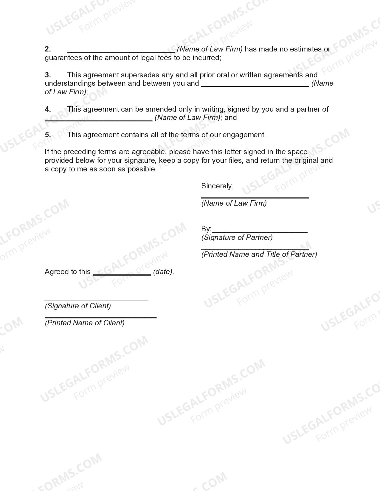 Dallas Texas Letter of Engagement from Attorney with Fee Based on