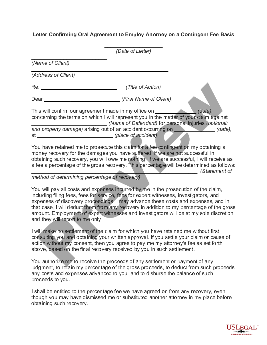 Letter Confirming Oral Agreement to Employ Attorney on a Contingent Fee ...