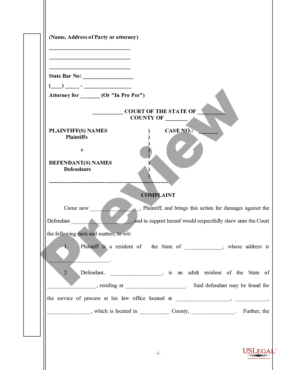page 0 Complaint for Legal Malpractice - General Form preview