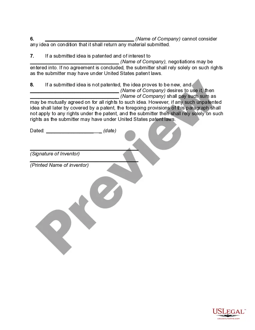 Get Letter Agreement Between Company and Inventor Relating to Submission of Idea for Appraisal Preview Letter Agreement Between Company and Inventor Relating to Submission of Idea for Appraisal
