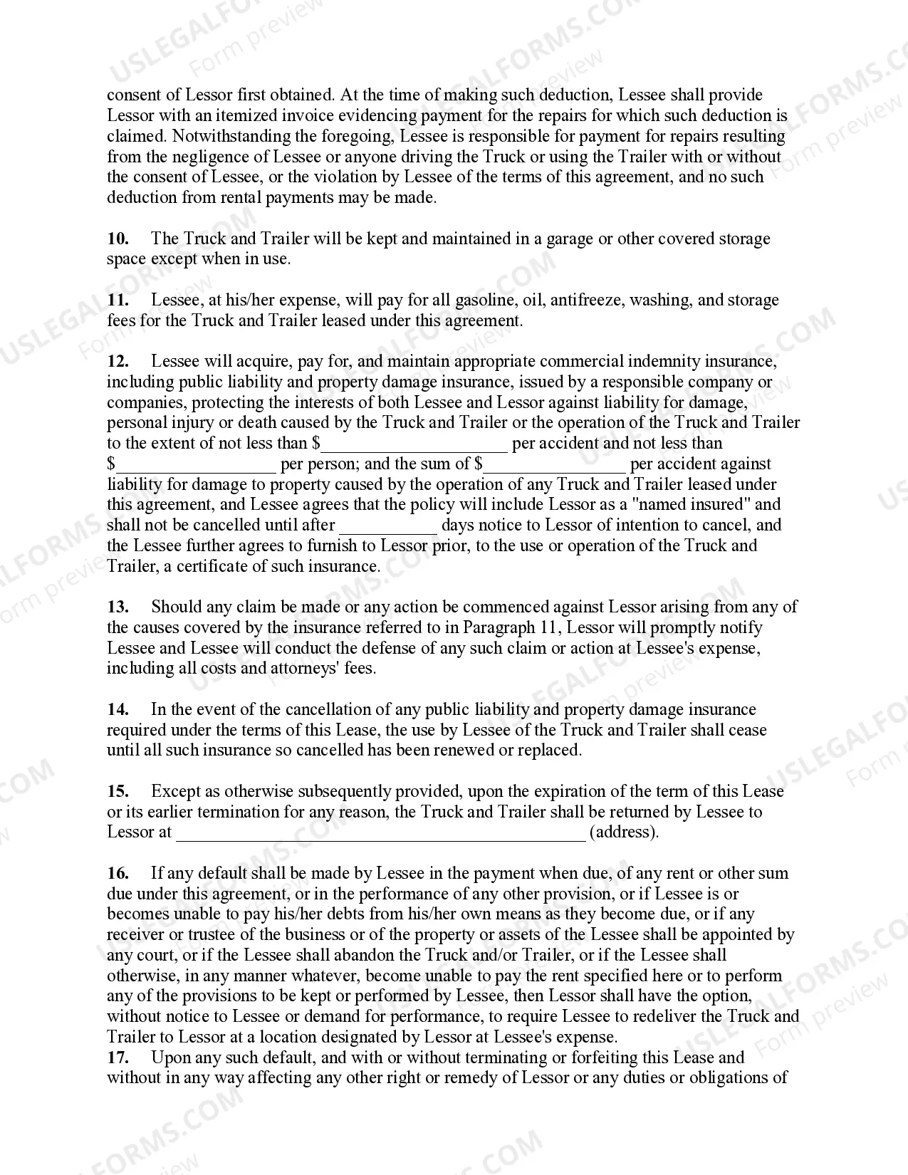 Preview Lease of Truck and Trailer or Tractor-Trailer