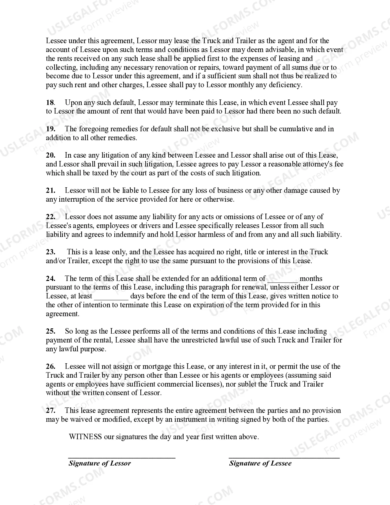 Preview Lease of Truck and Trailer or Tractor-Trailer