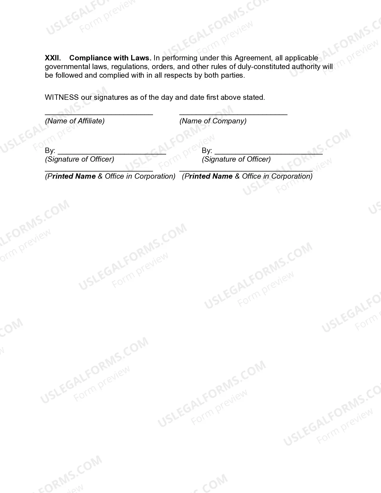 Preview Website Affiliate Agreement