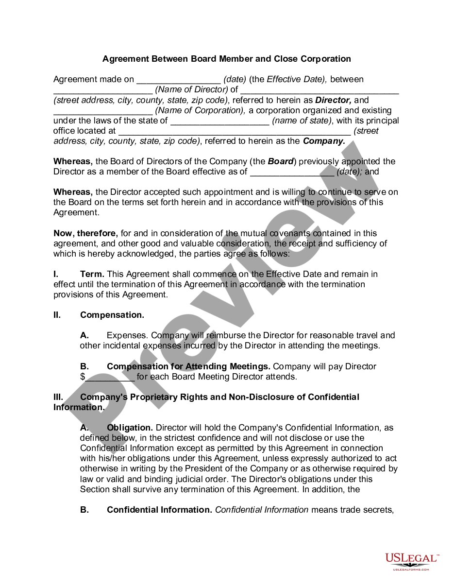 page 0 Agreement Between Board Member and Close Corporation preview