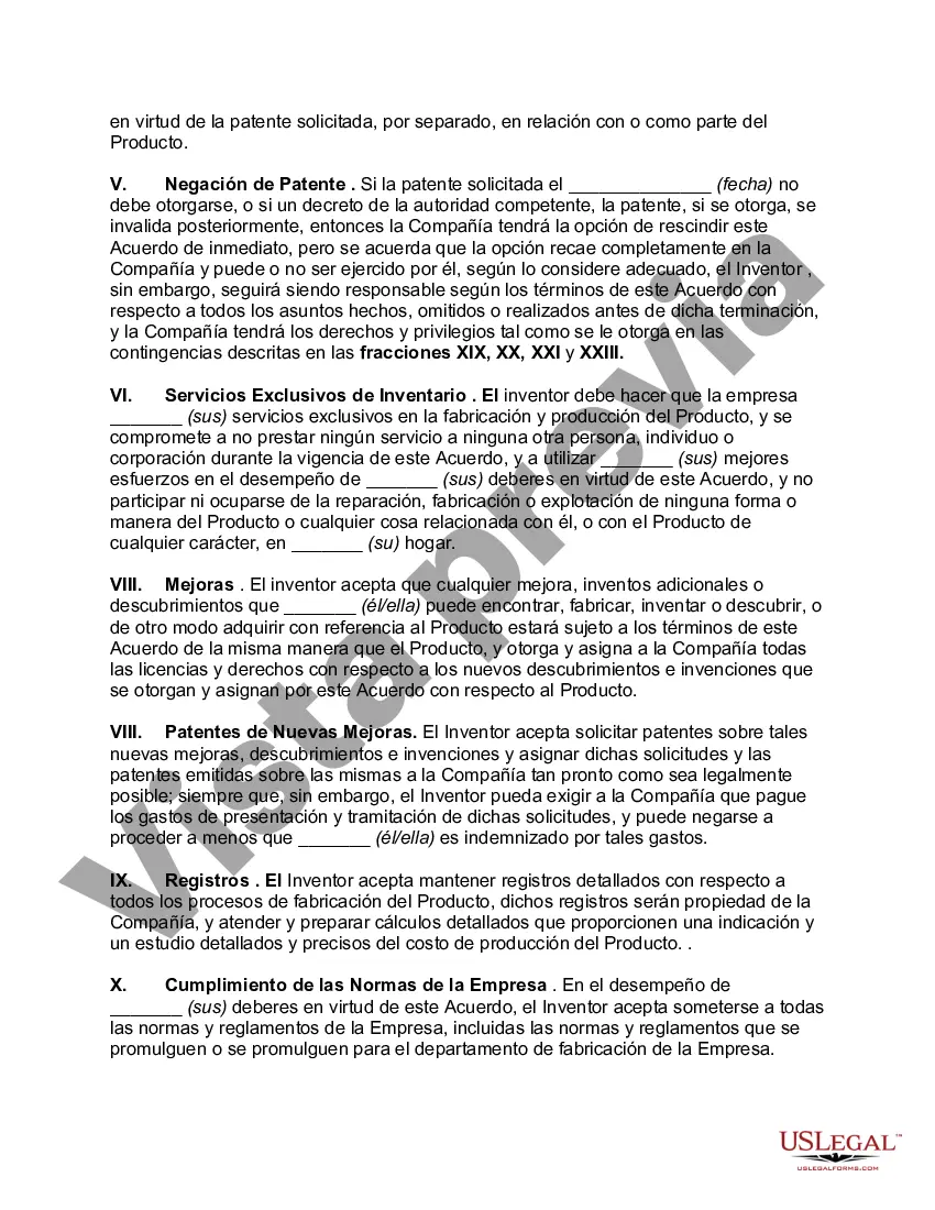 Preview Acuerdo entre el inventor y el fabricante que otorga licencia para fabricar productos a partir de la invención