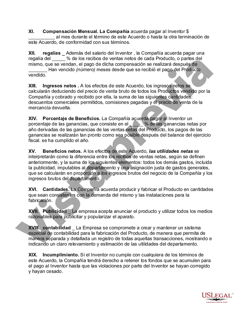 Preview Acuerdo entre el inventor y el fabricante que otorga licencia para fabricar productos a partir de la invención