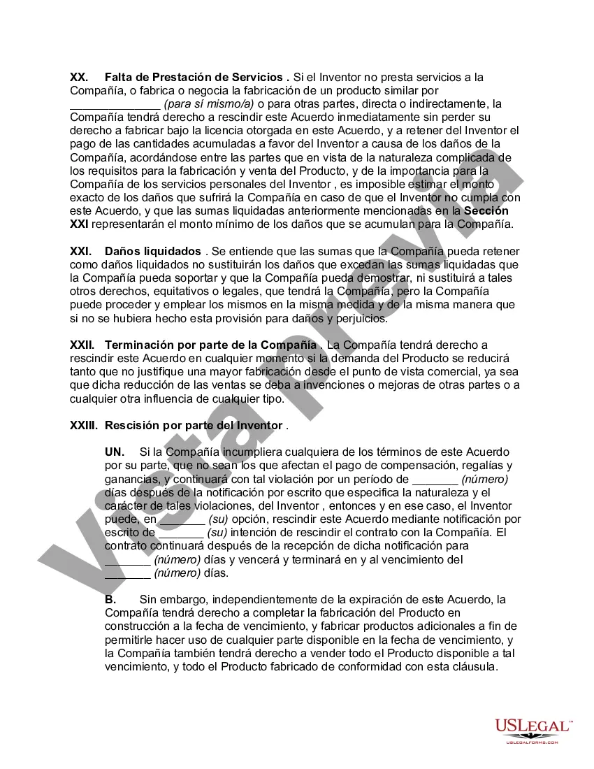 Preview Acuerdo entre el inventor y el fabricante que otorga licencia para fabricar productos a partir de la invención