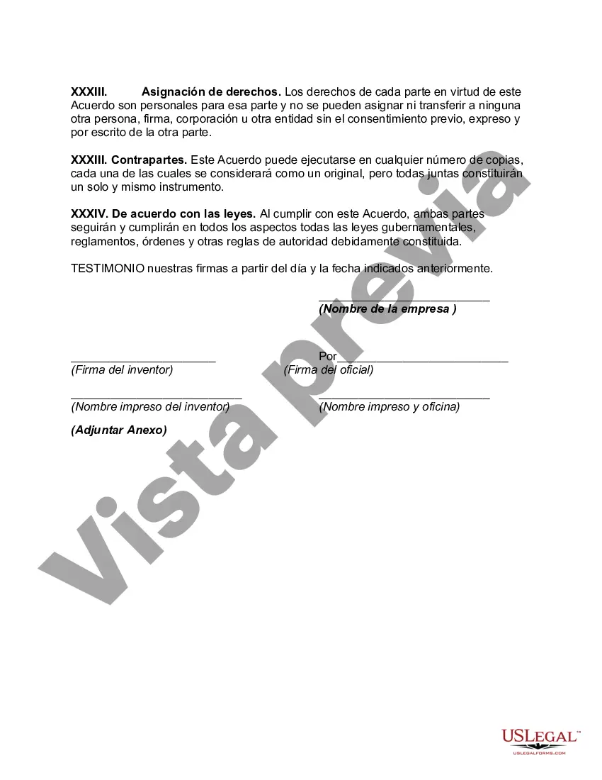 Preview Acuerdo entre el inventor y el fabricante que otorga licencia para fabricar productos a partir de la invención
