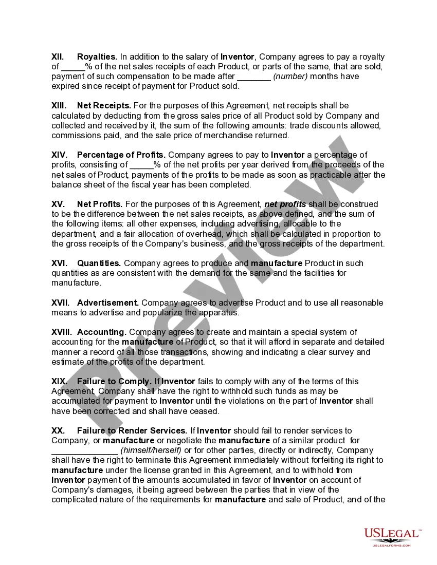 Get Agreement between Inventor and Manufacturer Granting License to Manufacture Products from Invention Preview Agreement between Inventor and Manufacturer Granting License to Manufacture Products from Invention