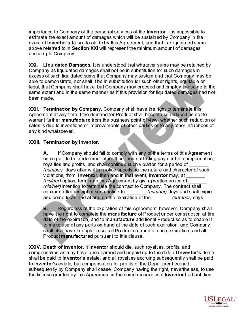 Get Agreement between Inventor and Manufacturer Granting License to Manufacture Products from Invention Preview Agreement between Inventor and Manufacturer Granting License to Manufacture Products from Invention