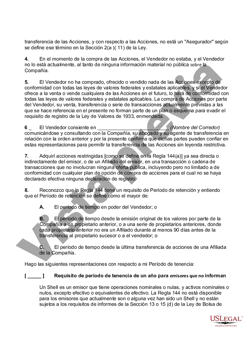 Preview Regla 144 Carta de Representación del Vendedor No Afiliado