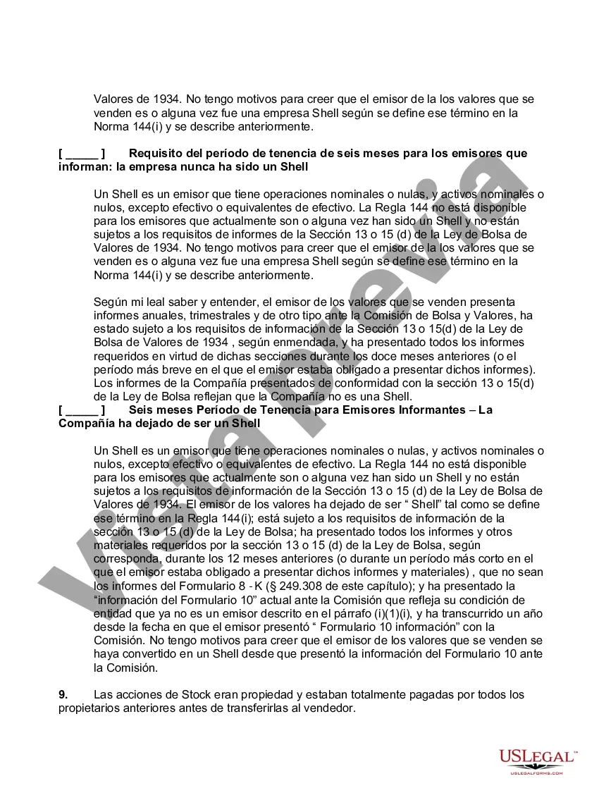 Preview Regla 144 Carta de Representación del Vendedor No Afiliado
