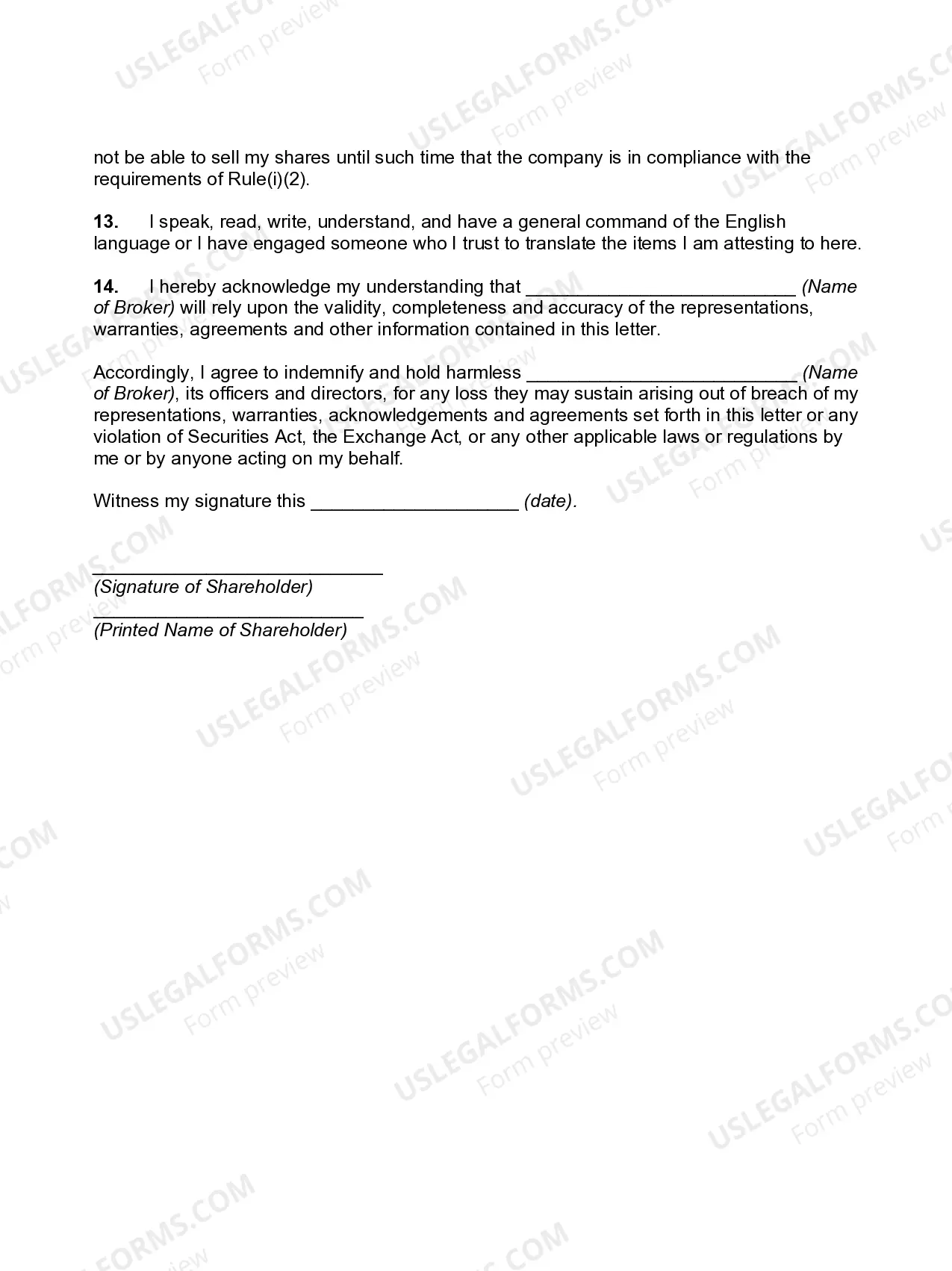 Preview Rule 144 Seller's Representation Letter Non-Affiliate