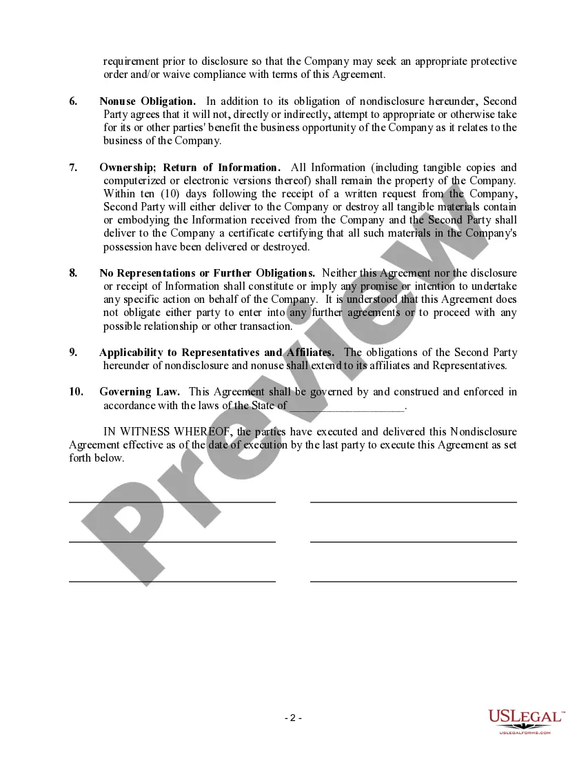 Preview Nondisclosure Agreement - Business Plan