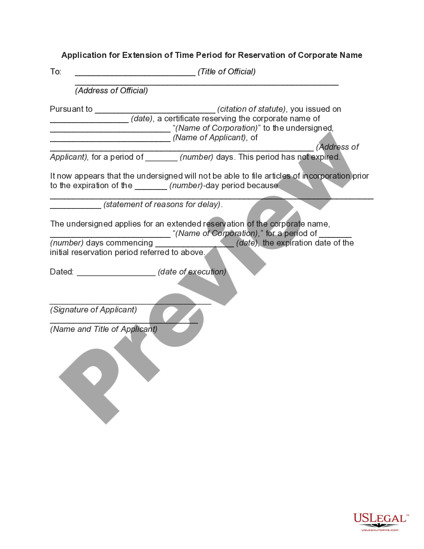 Application for Extension of Time Period for Reservation of Corporate