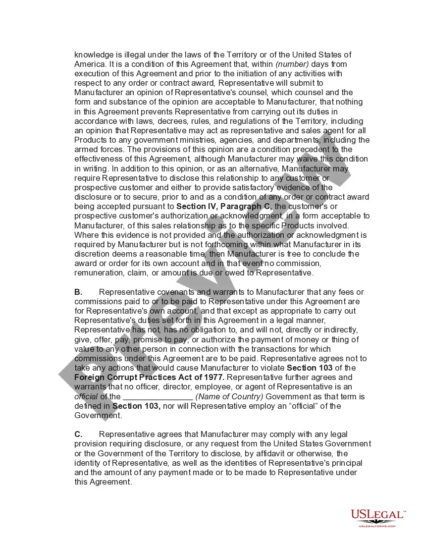 Preview Exclusive Foreign Sales Representative Agreement
