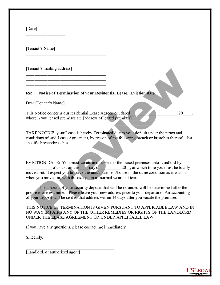 page 0 Letter from Landlord to Tenant as Notice to Terminate for Substantial Violation of Rental Agreement or Law that Materially Affects Health and Safety preview