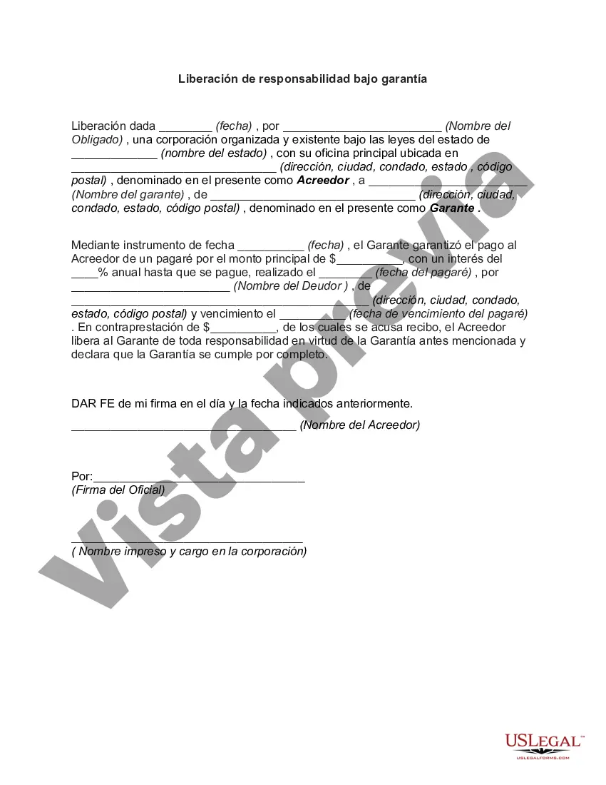 Preview Liberación de responsabilidad bajo garantía