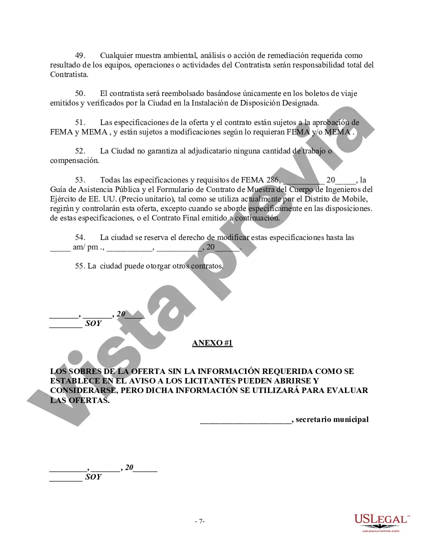 Preview Especificaciones de la oferta para la remoción de escombros del huracán