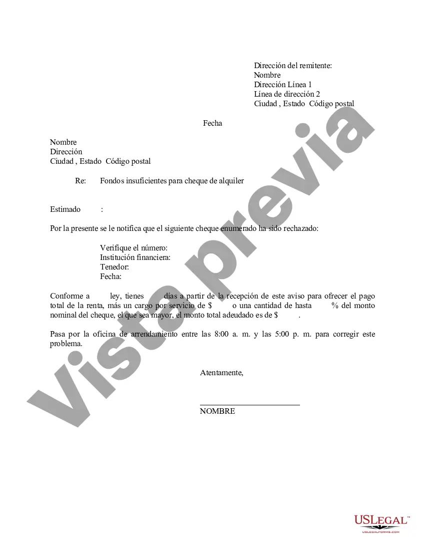 Preview Carta - Notificación al arrendatario de fondos insuficientes para el pago del alquiler