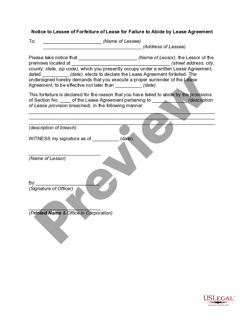 District of Columbia Notice to Lessee of Forfeiture of Lease for