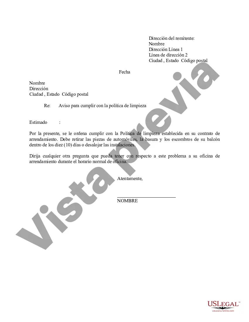 Preview Carta - Aviso al arrendatario que ordena el cumplimiento de la política de limpieza