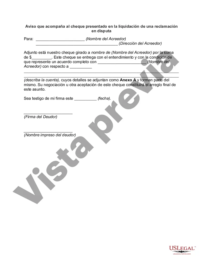 Preview Aviso que acompaña al cheque presentado en la liquidación de una reclamación en disputa